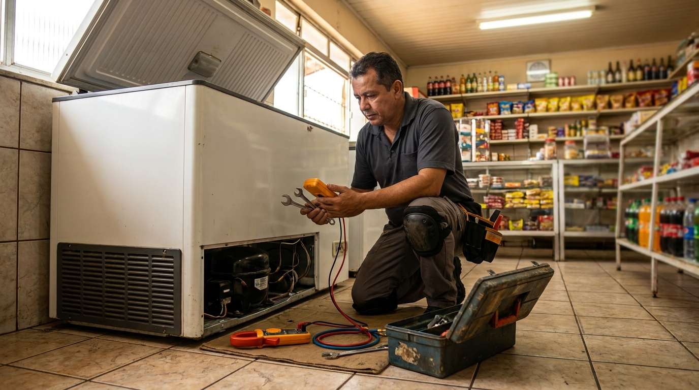Técnico reparando o motor de um freezer horizontal em Sorocaba‑SP