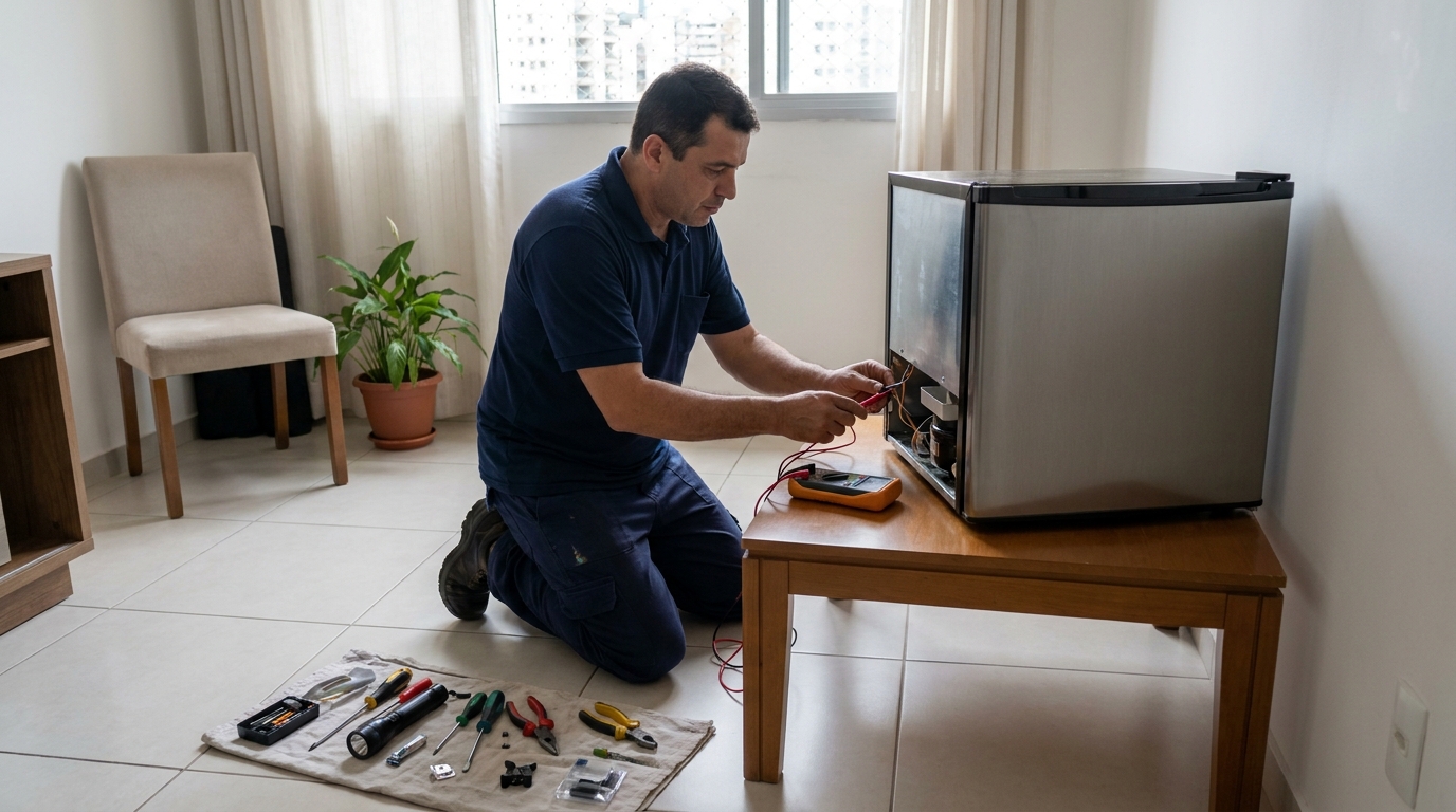 Técnico revisando o motor de um frigobar em Sorocaba‑SP