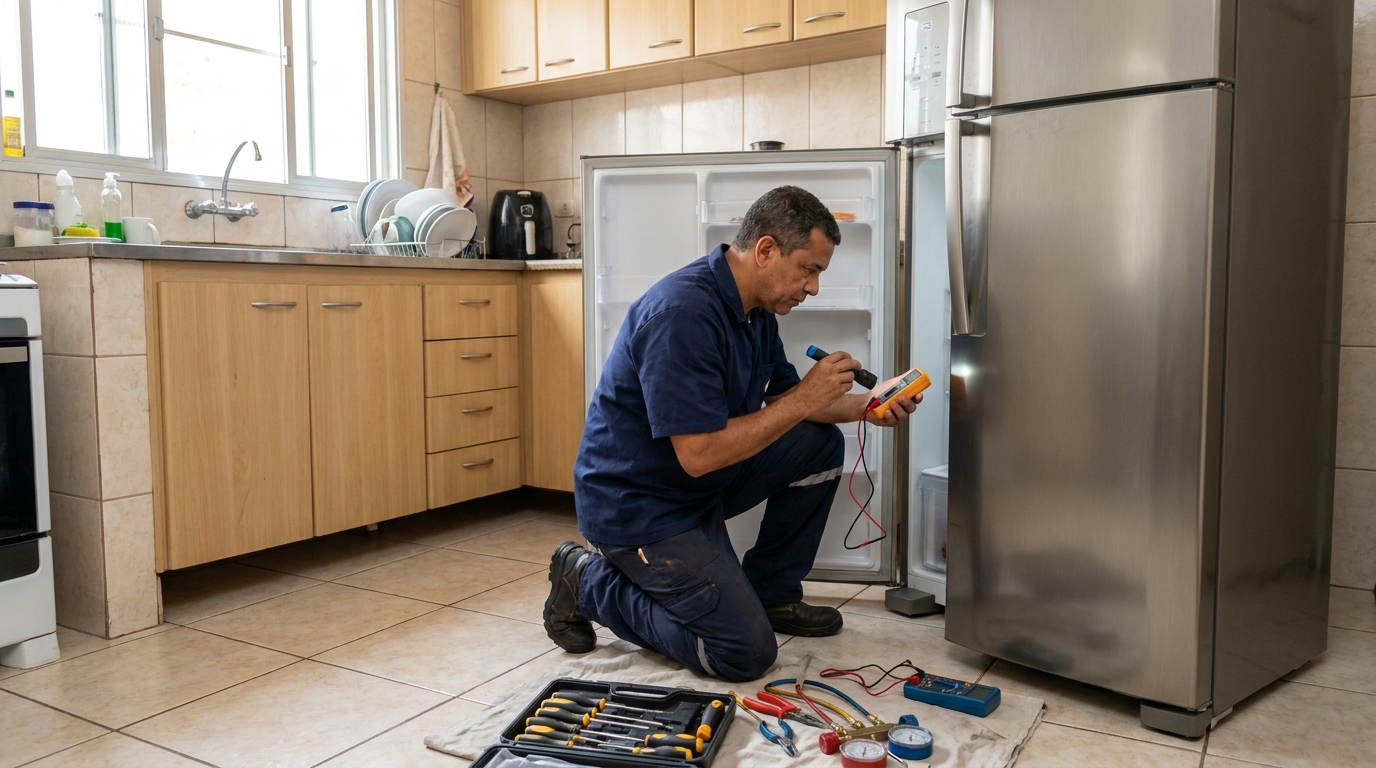 Técnico fazendo recarga de gás em geladeira de cliente em Ipatinga, Sorocaba‑SP